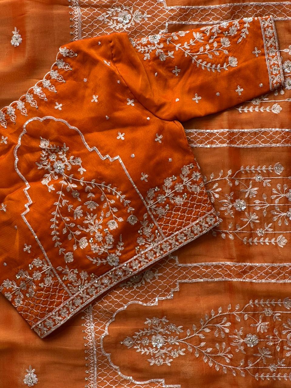 Orange Aari Work Saree