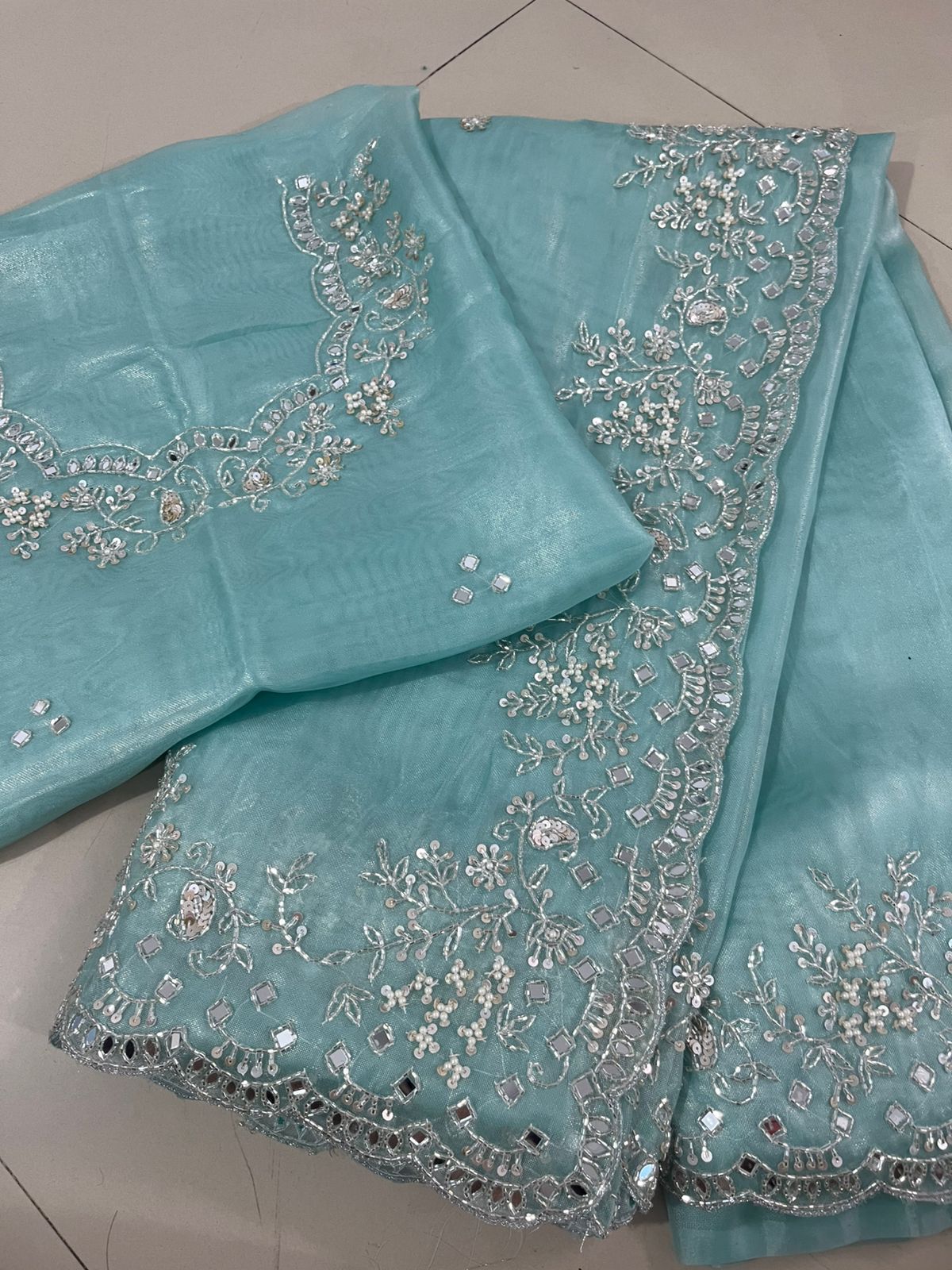 Tissue Shimmer Mirror Work Saree