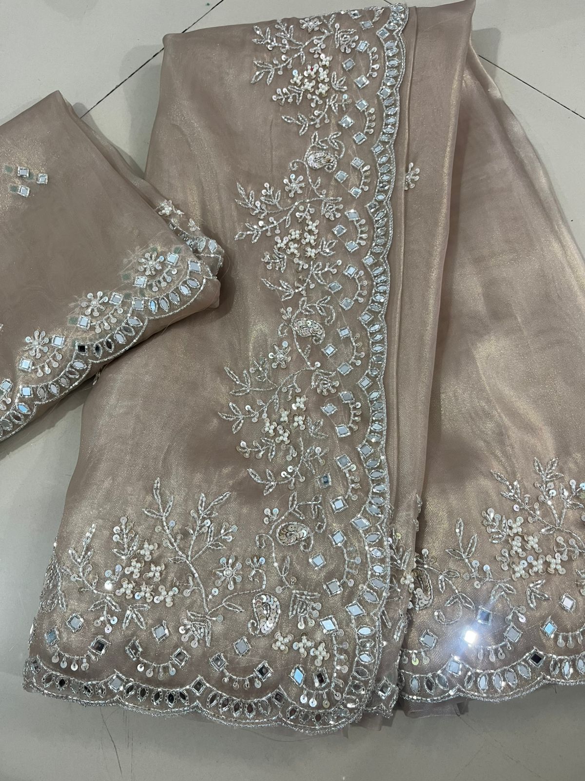 Tissue Shimmer Mirror Work Saree
