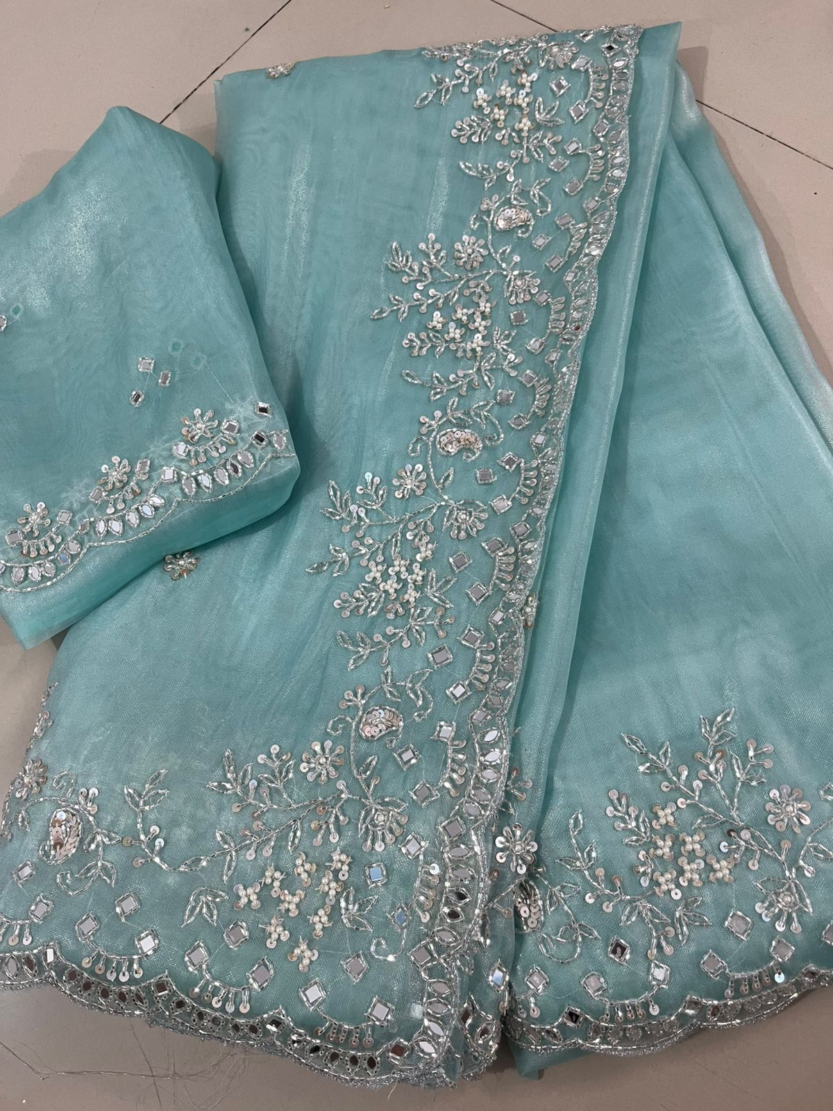 Tissue Shimmer Mirror Work Saree