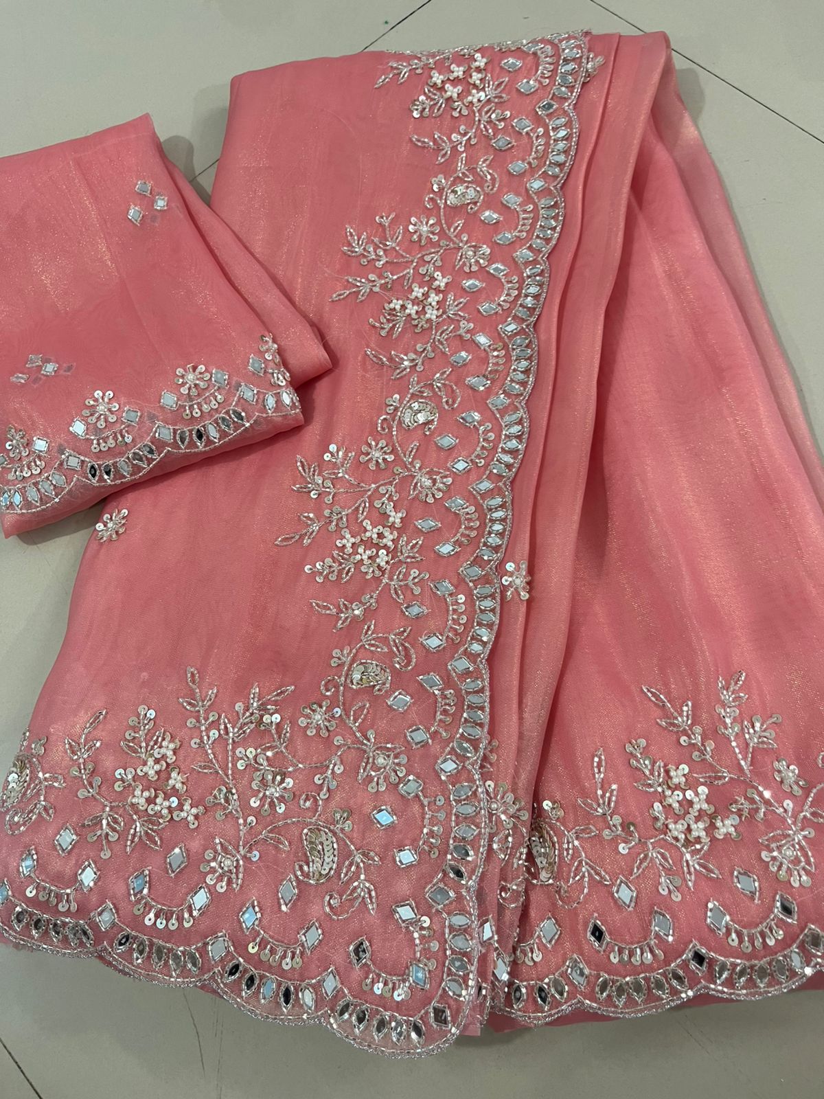 Tissue Shimmer Mirror Work Saree