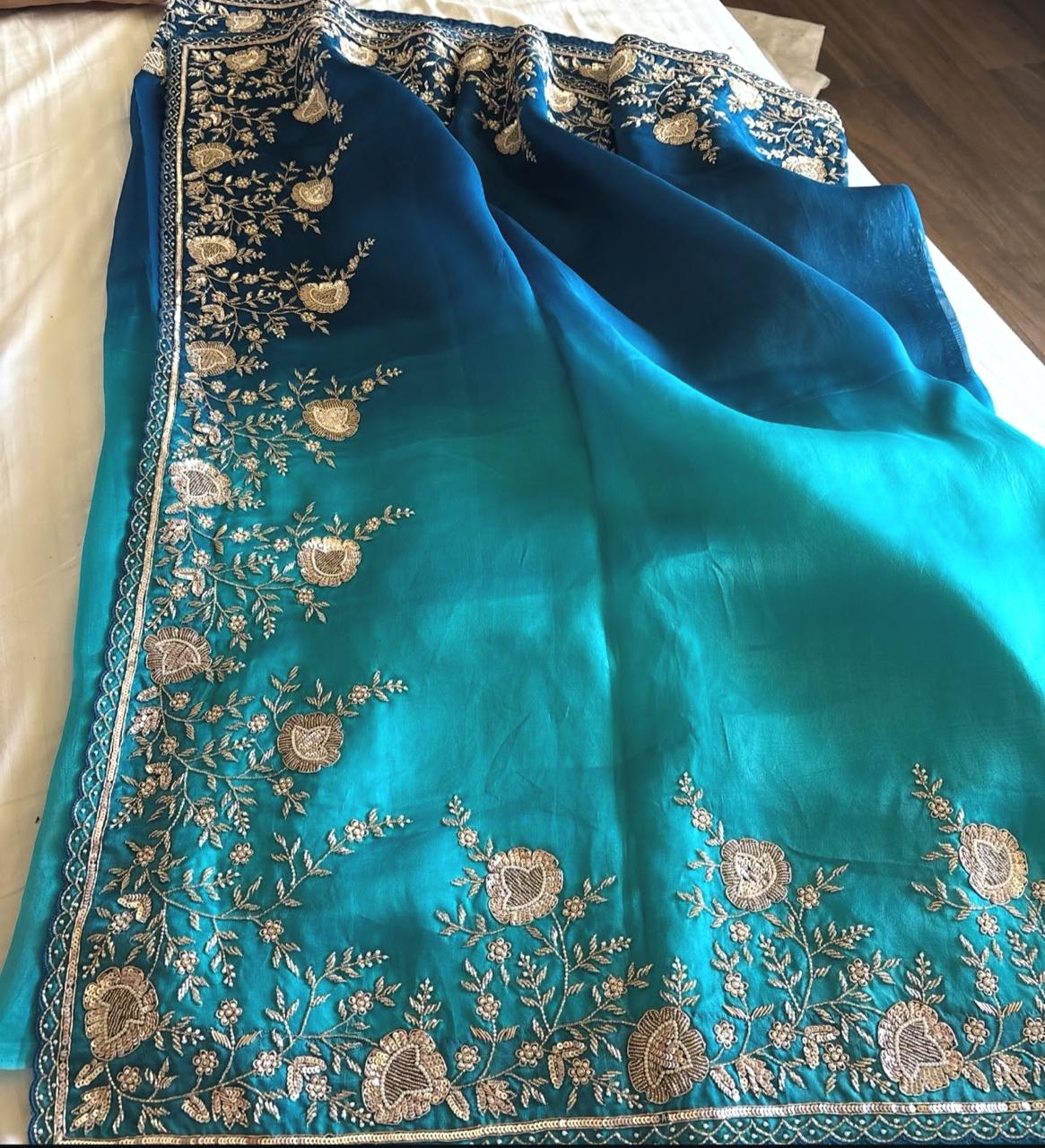 Ocean Teal Organza Saree
