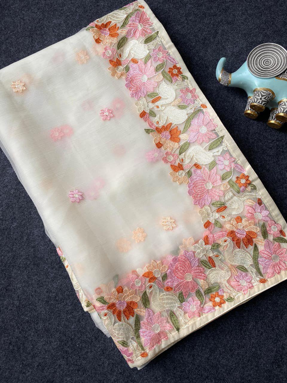 Ivory Bloom Premium Chiffon Saree