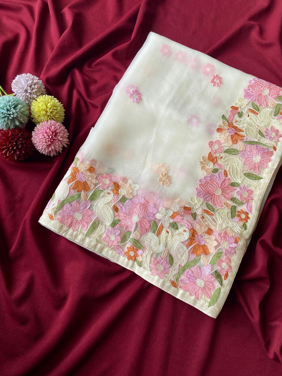 Ivory Bloom Premium Chiffon Saree