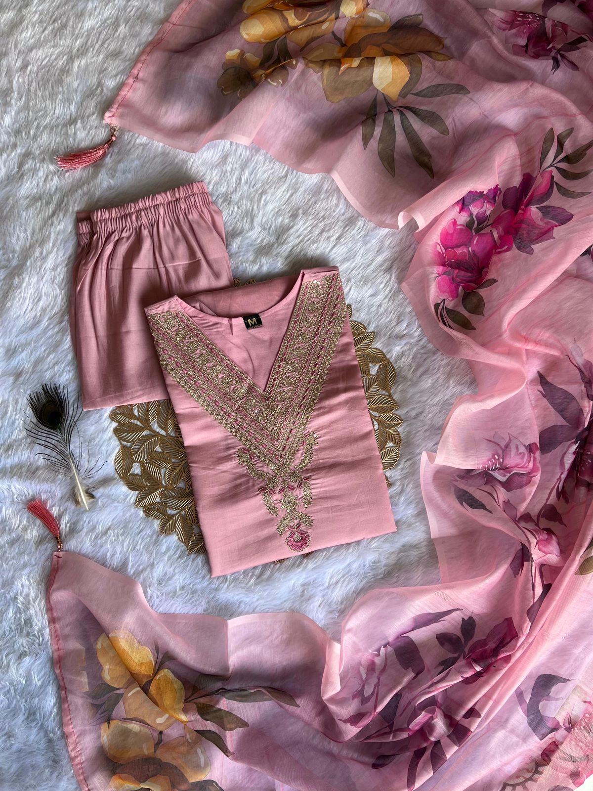 Peach Embroidered Kurti Set with Dupatta