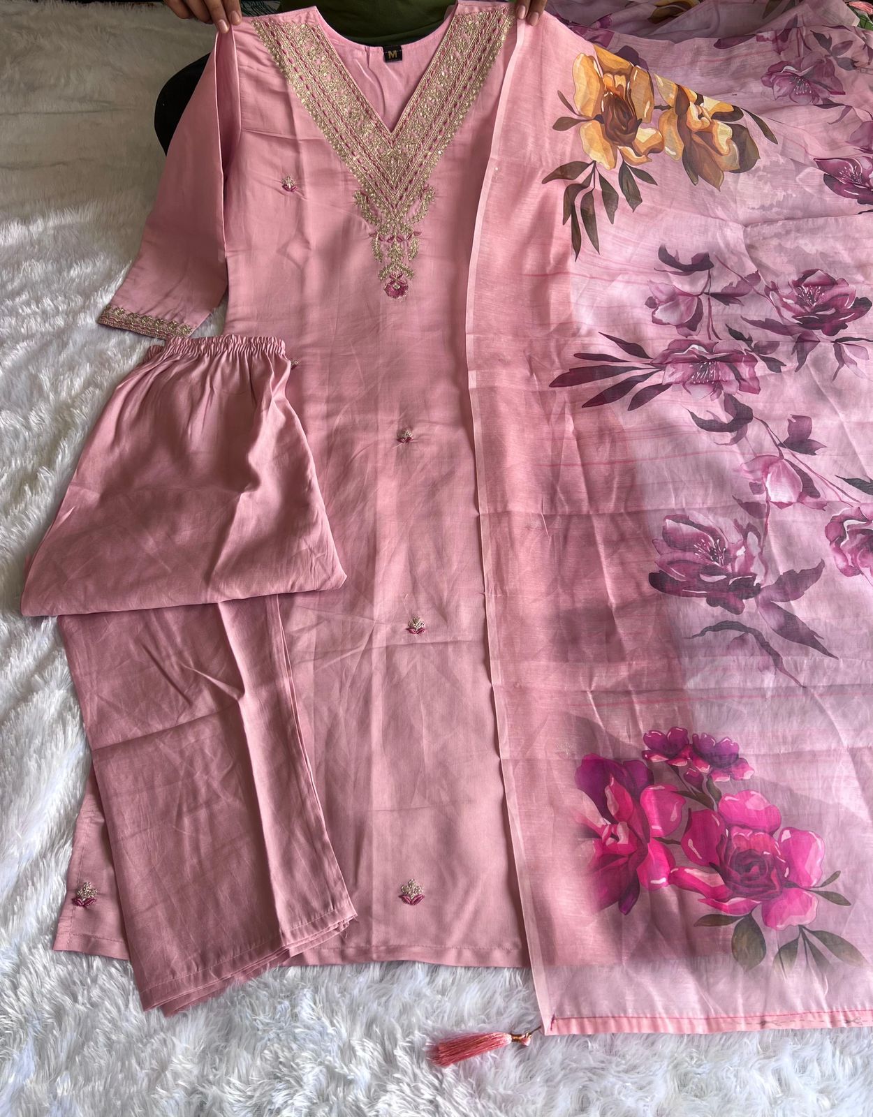 Peach Embroidered Kurti Set with Dupatta