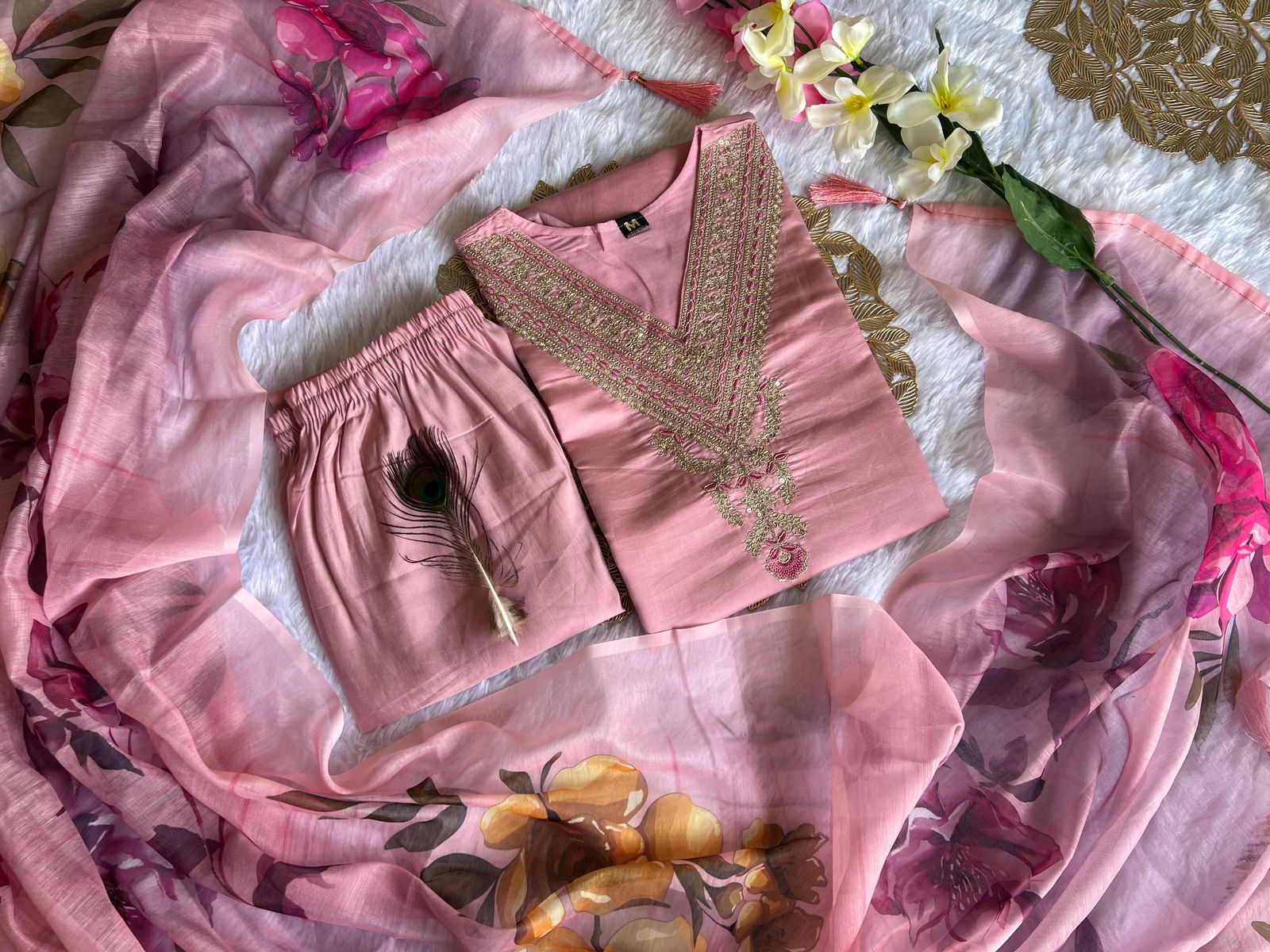 Peach Embroidered Kurti Set with Dupatta