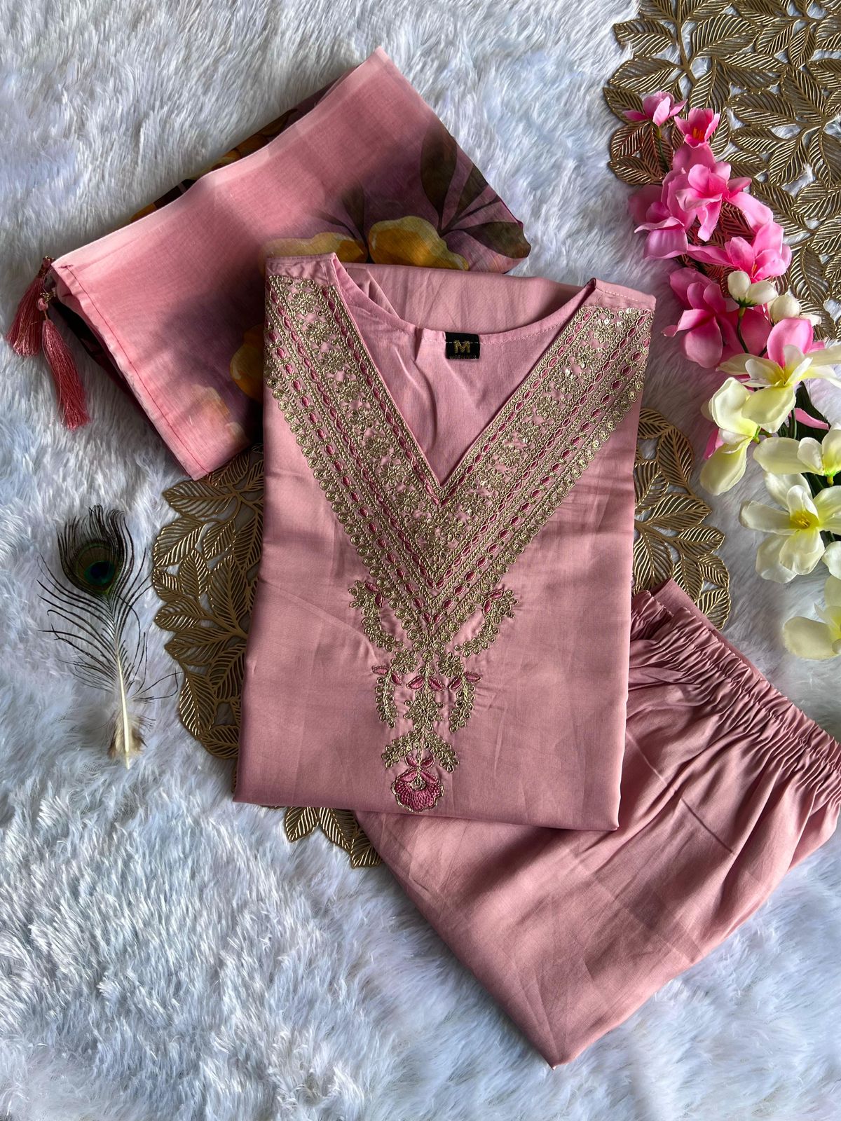 Peach Embroidered Kurti Set with Dupatta