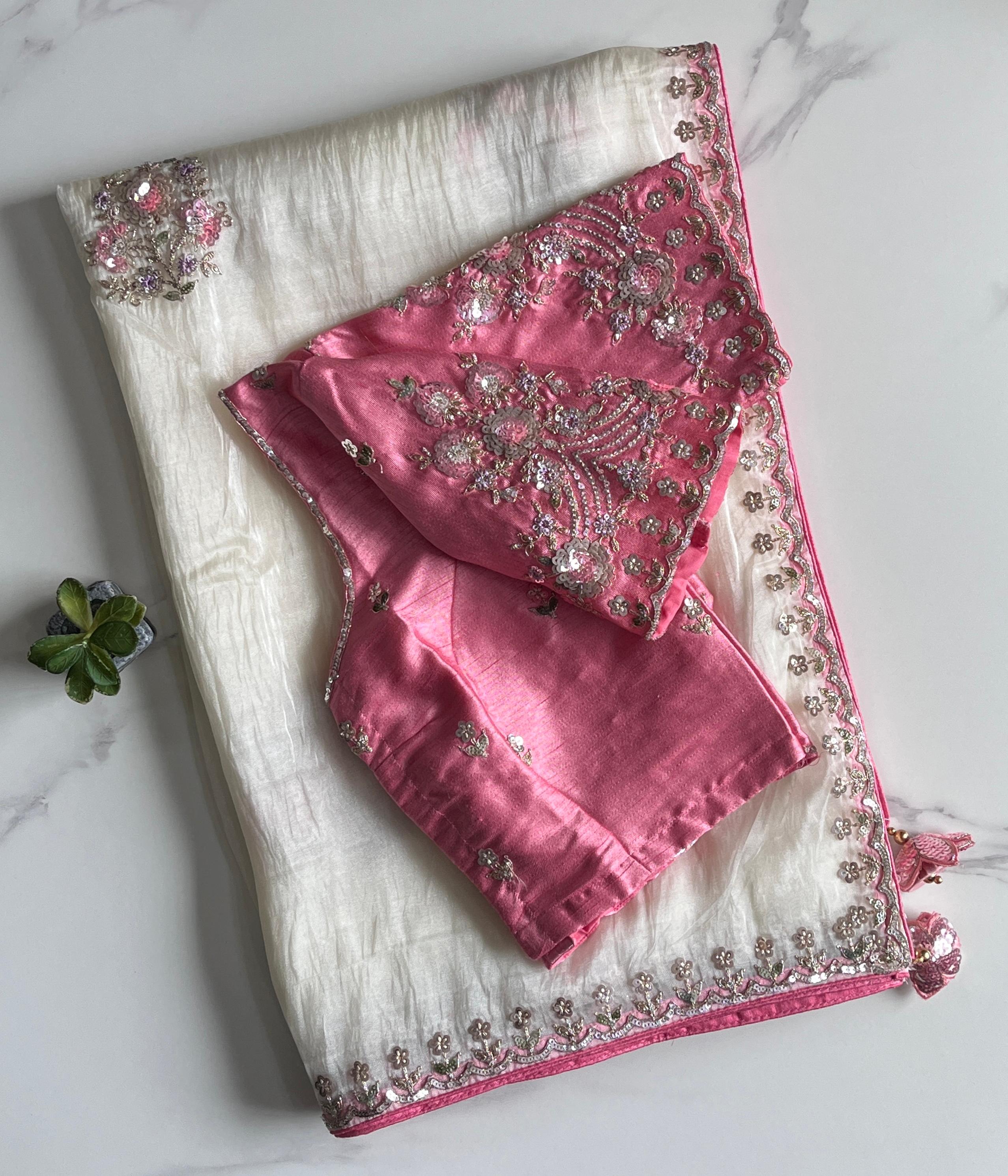 Rosé Ivory Luxe Crush Tissue Saree