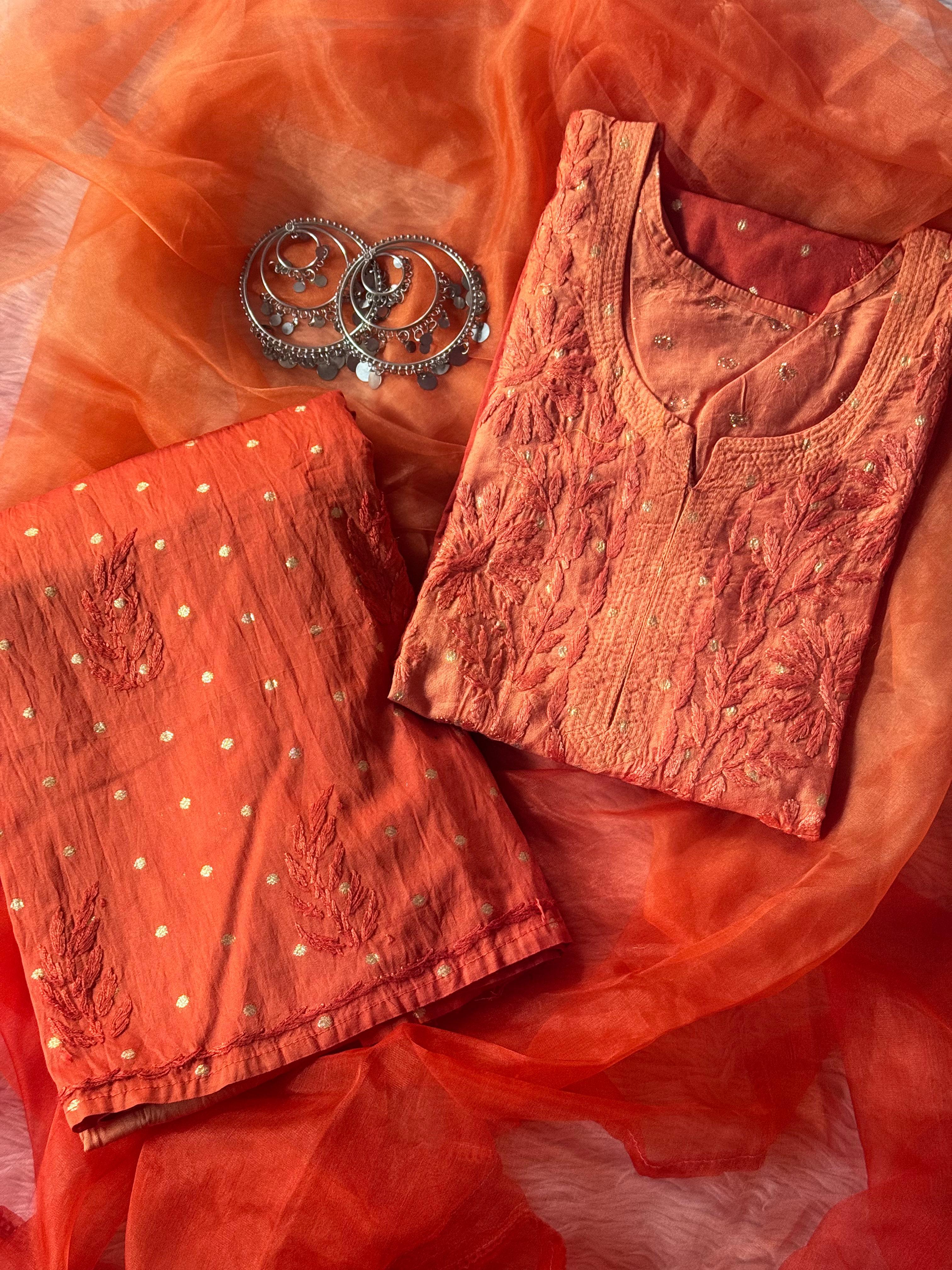 Chanderi chikankari kurta set