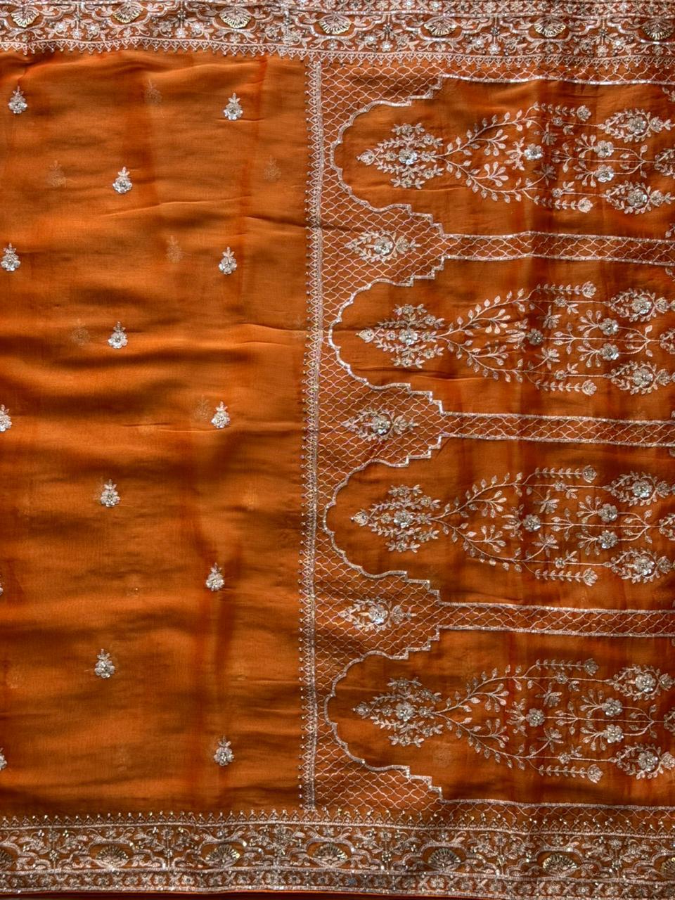 Orange Aari Work Saree