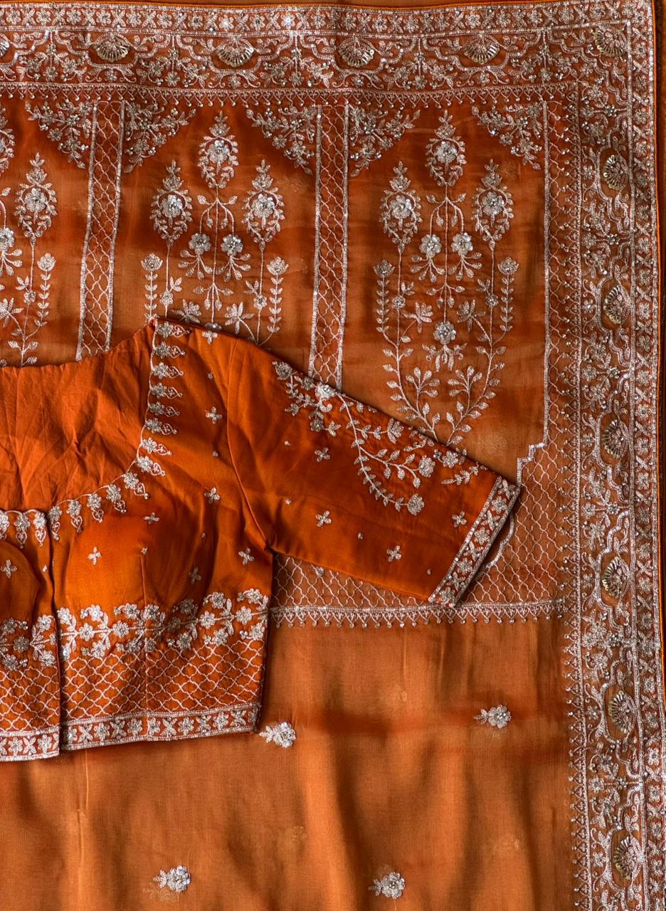 Orange Aari Work Saree