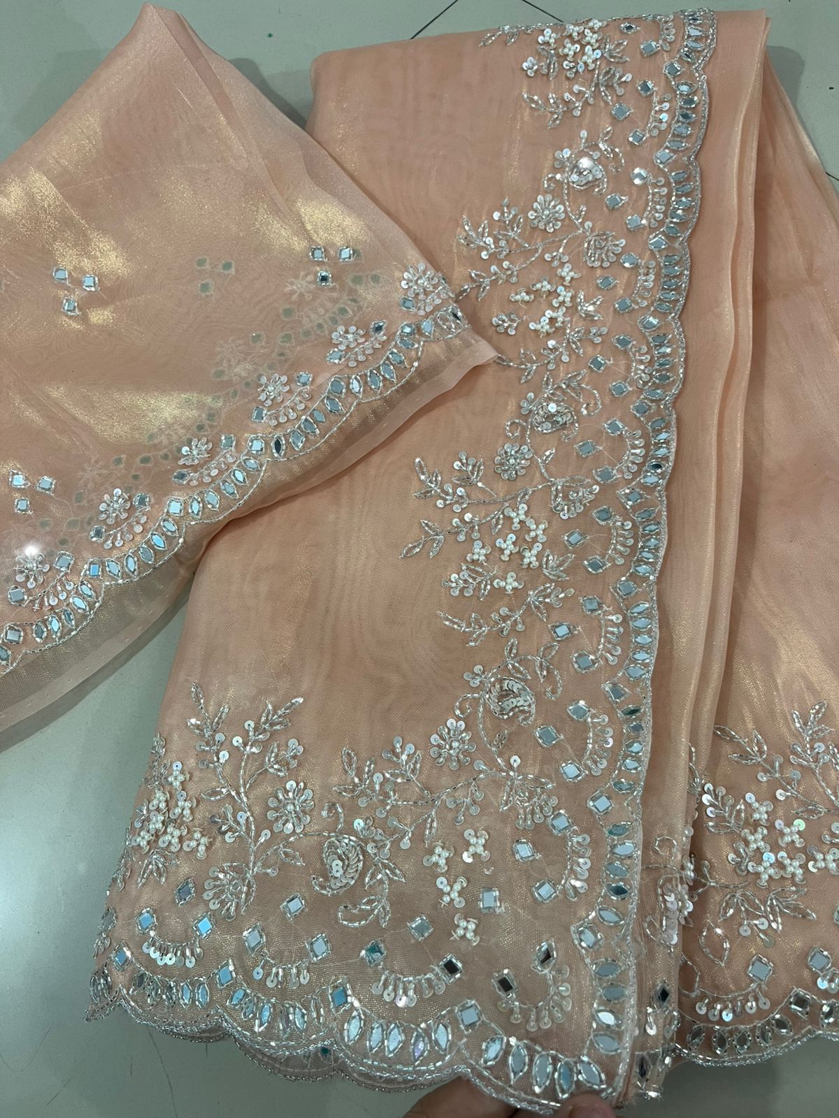 Tissue Shimmer Mirror Work Saree