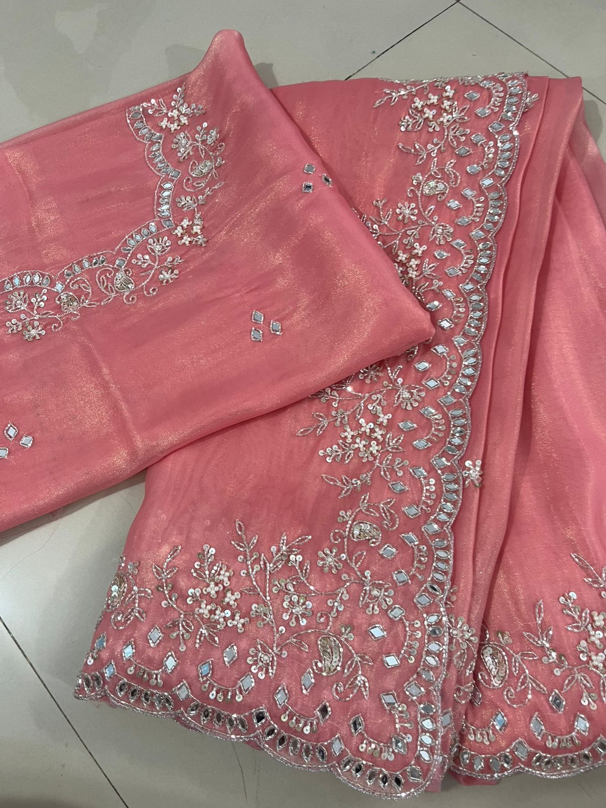 Tissue Shimmer Mirror Work Saree