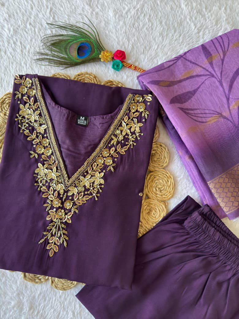 Purple Embroidered Kurta Set
