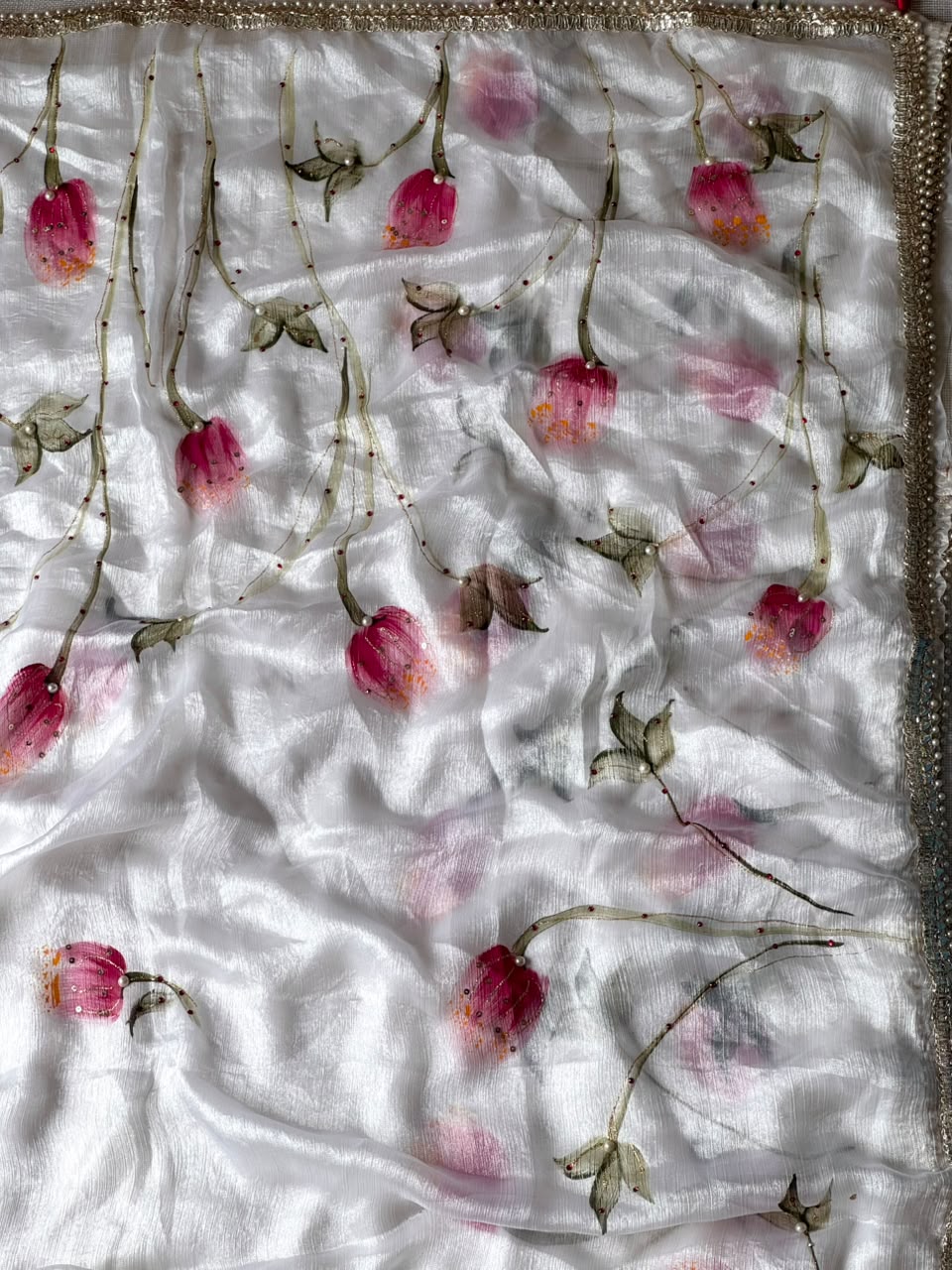 White Rose Handpainted Crystal Chiffon Saree