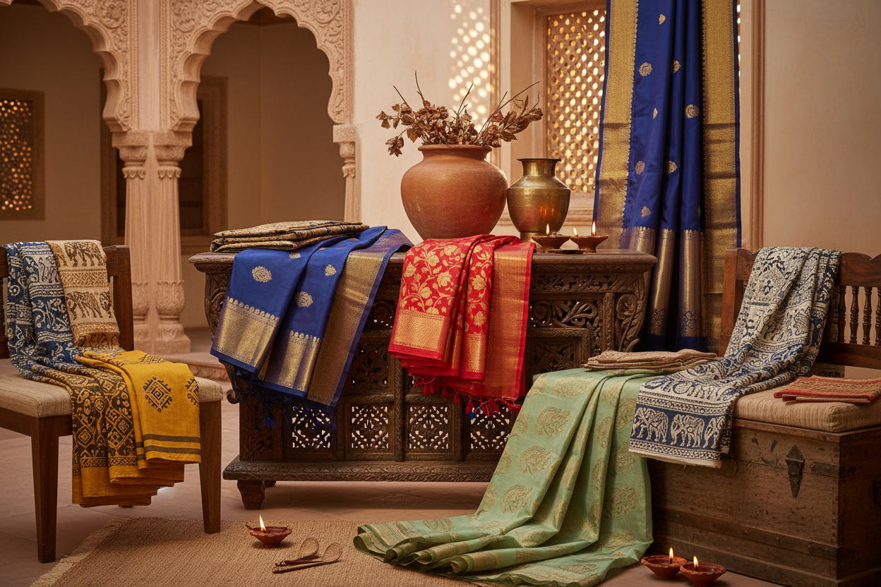 HANDLOOM FABRICS ALL TOGETHER IN A TRADITIONAL BACKGROUND