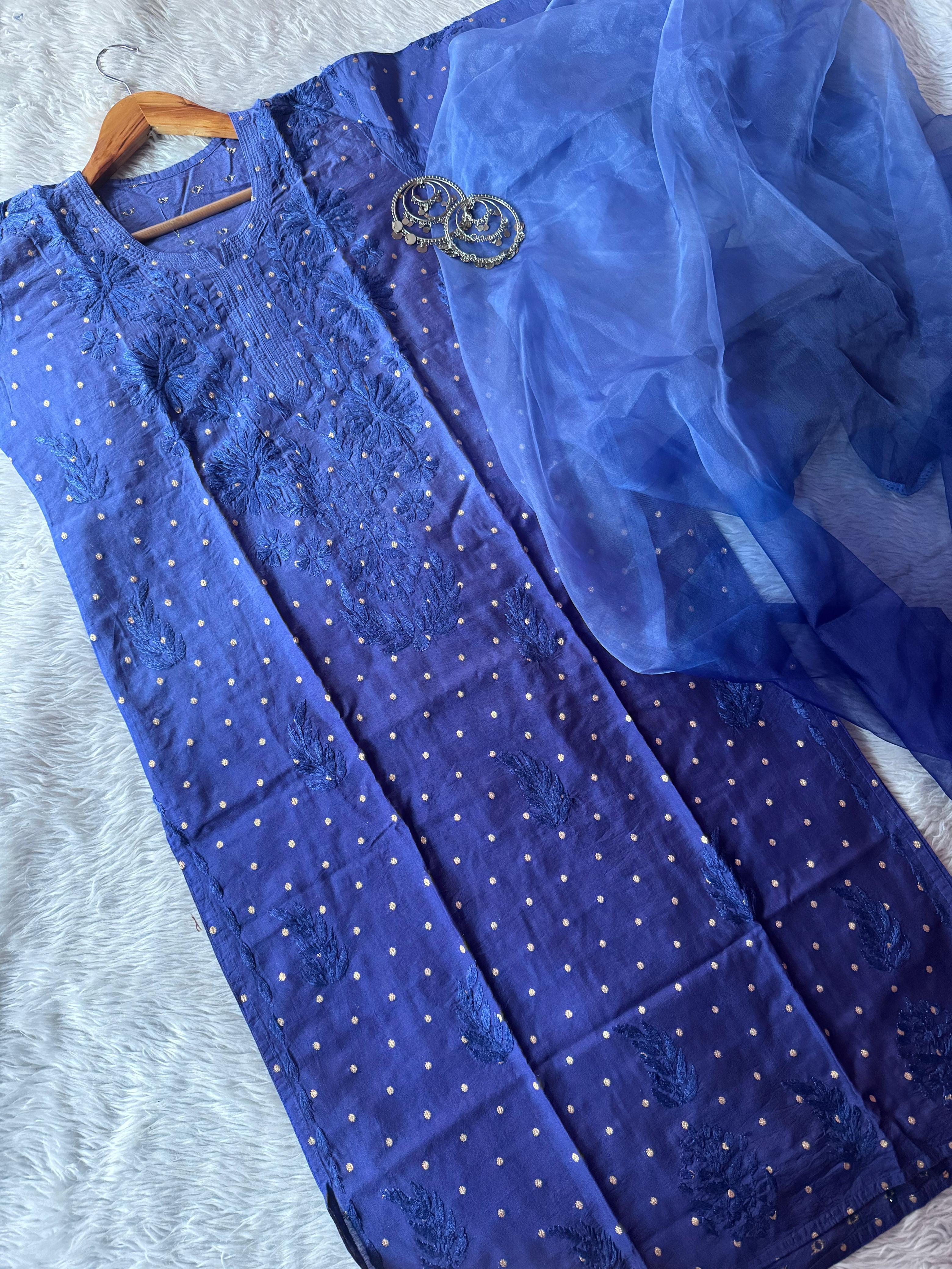 Chanderi chikankari kurta set