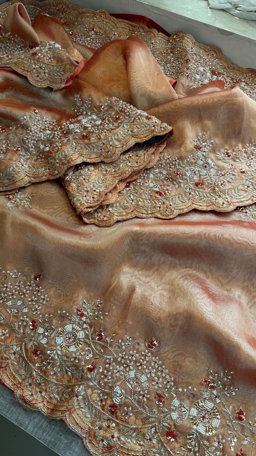 Pearl work tissue saree